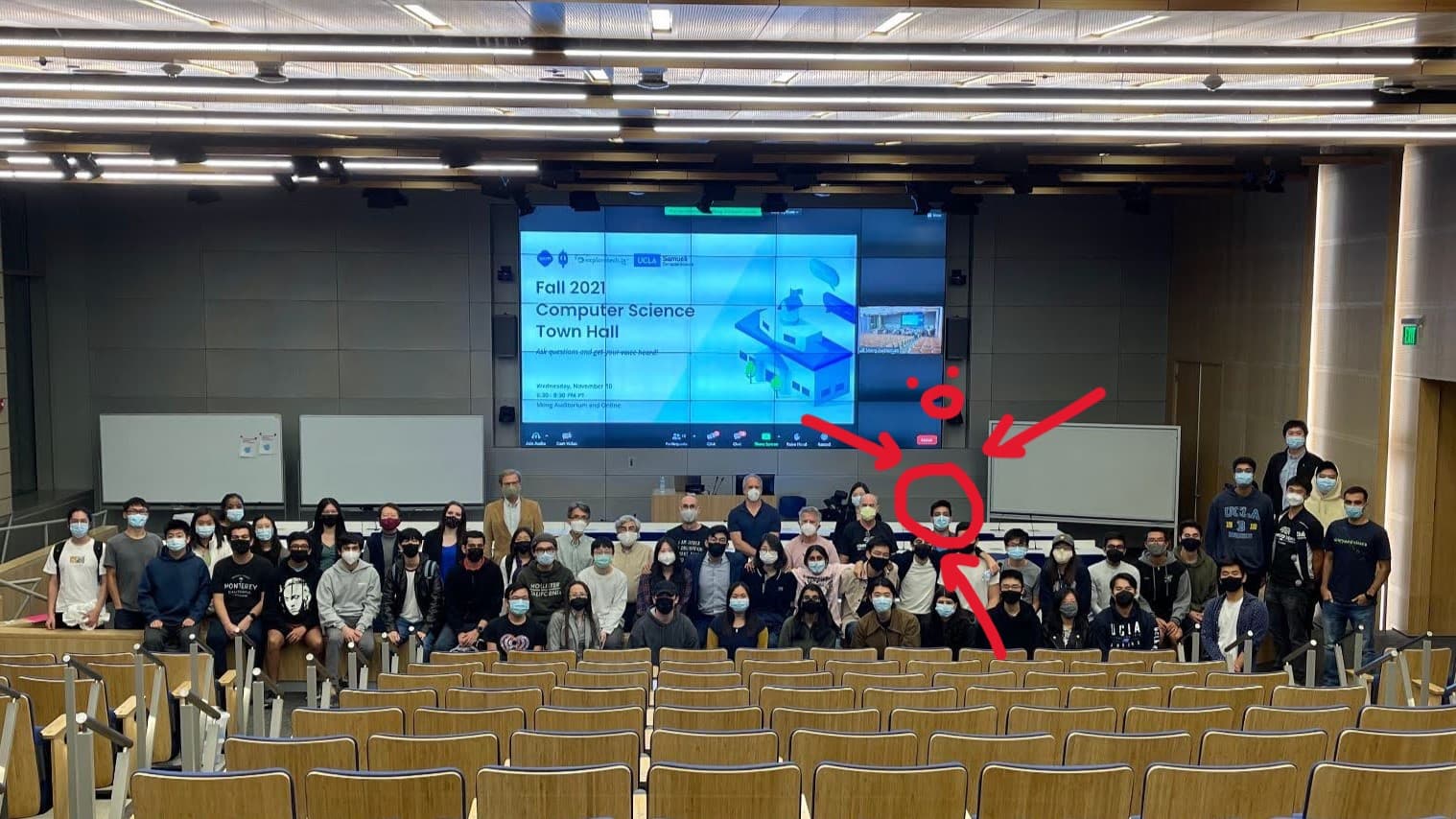 Image of Fall 2021 CS Town Hall attendees with crude red circle, arrows, and :0 face highlighting me.